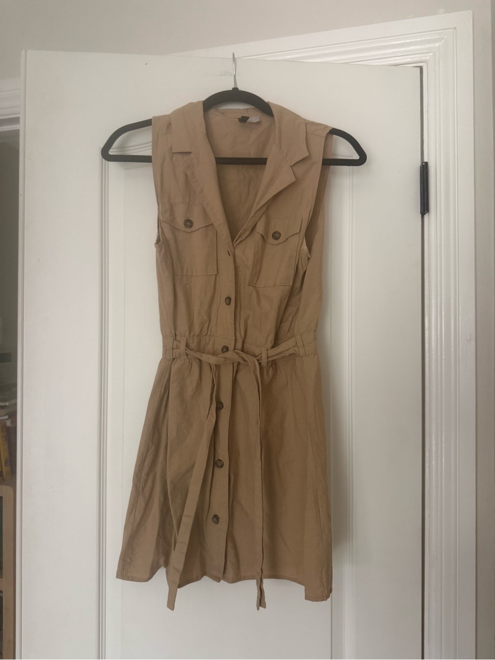 Divided H&M Sleeveless Button-Front Safari Mini Cotton Shirt Dress Tan Tie Waist